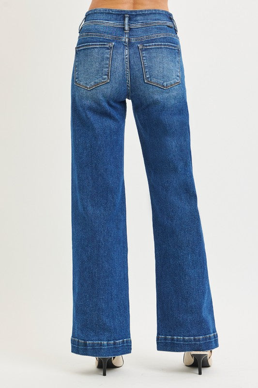 Risen High Rise Wide Leg Bow Waistband Jeans