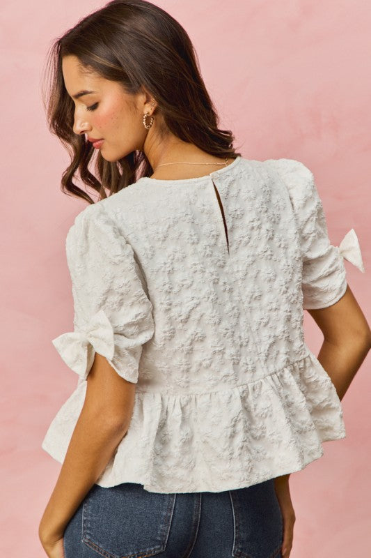 Floral Jacquard Short Sleeves Peplum Ribbon Top