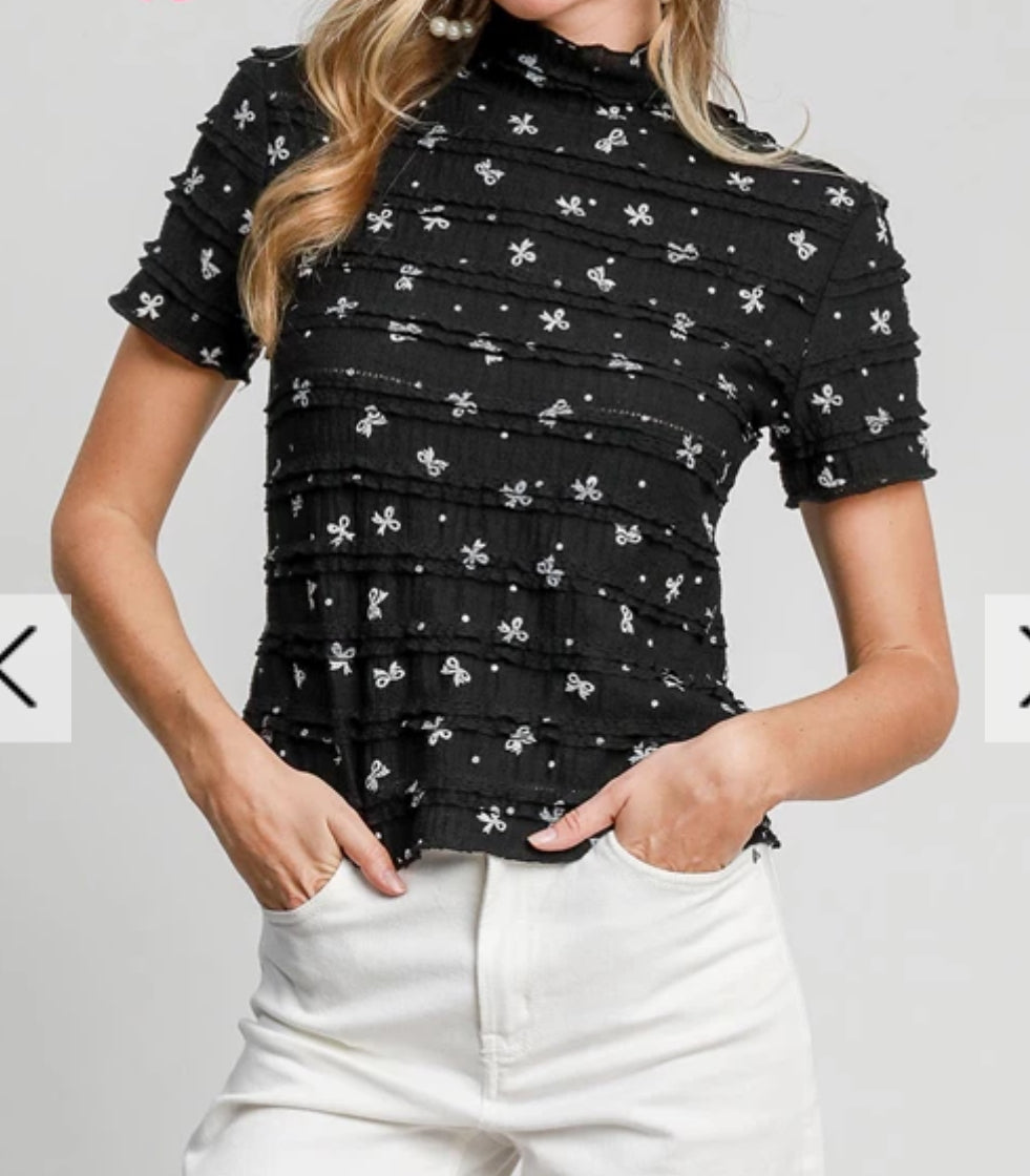 Black Ribbon Print Ruffle Top