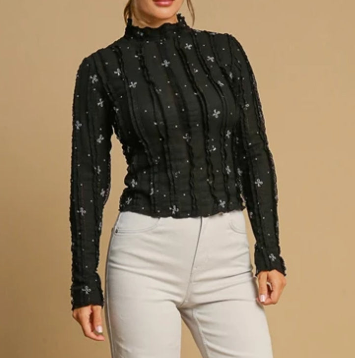 Umgee Black Ribbon Print Long Sleeve