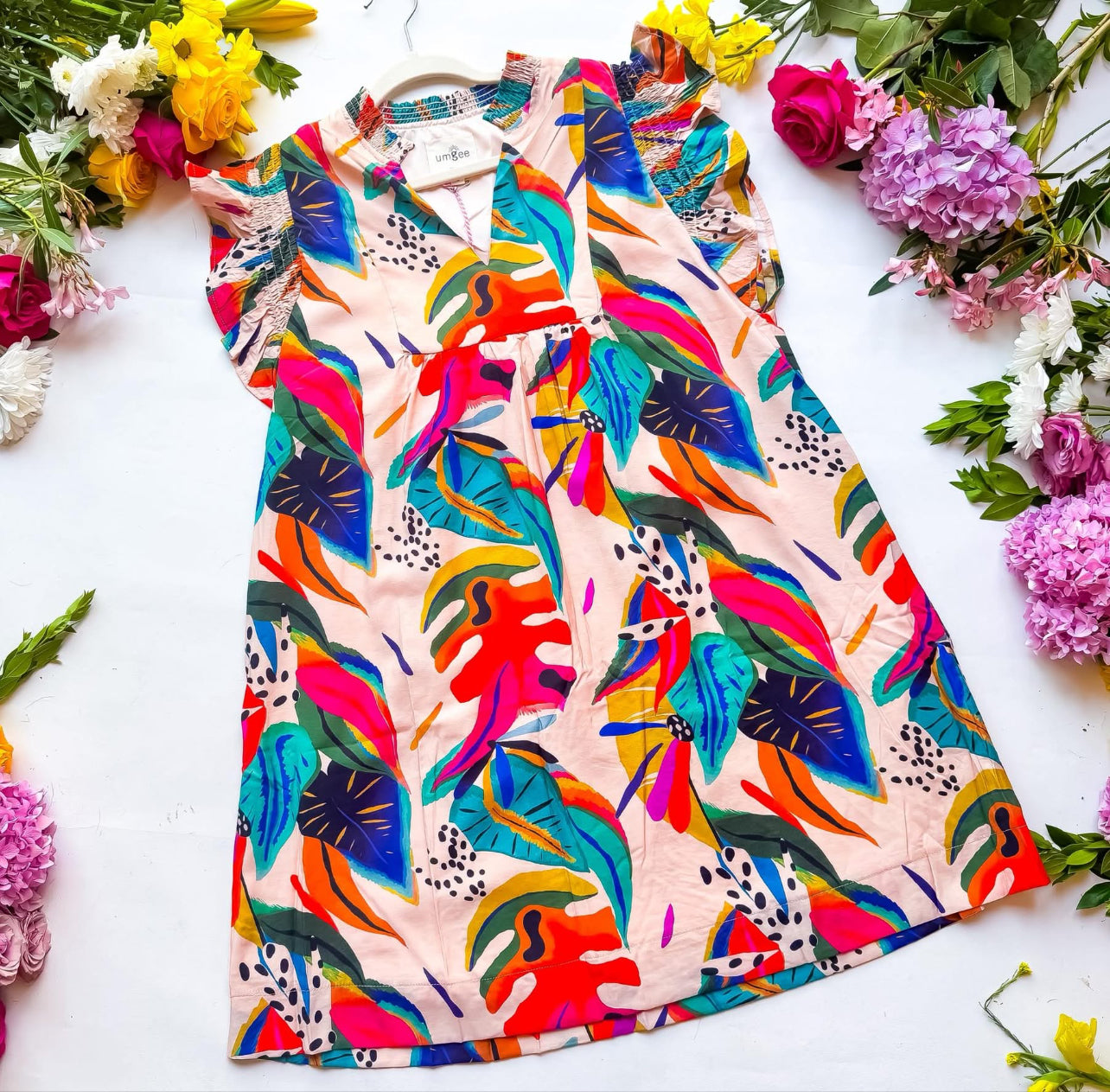 Umgee Peach Tropical Floral Dress