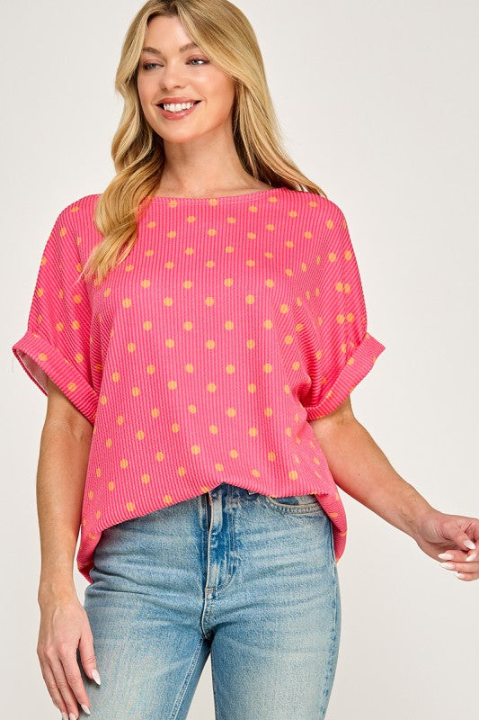 Fuchsia Polka Dot Ribbed Top