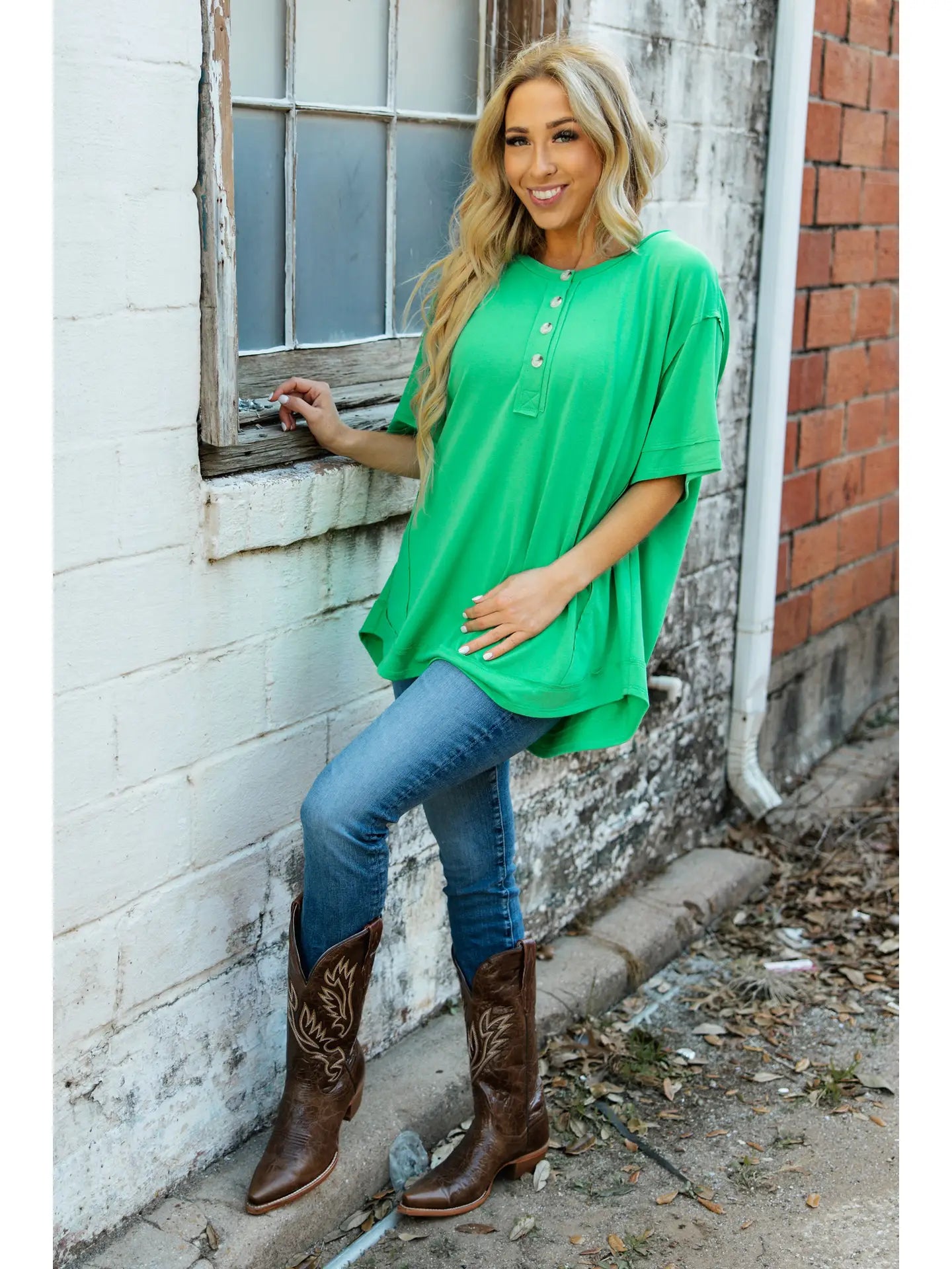 Button Detail Terry Cloth Top Kelly Green