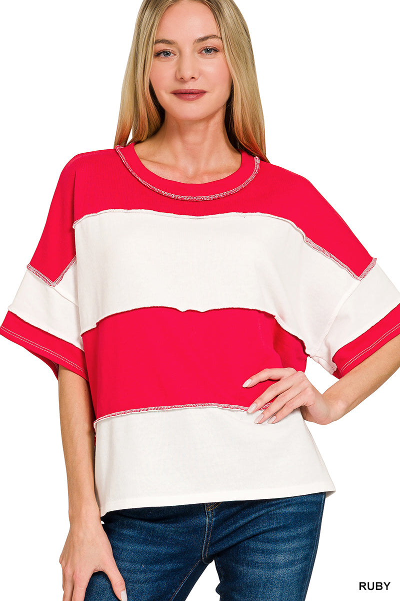 Zenana French Terry Wide Striped Top Ruby