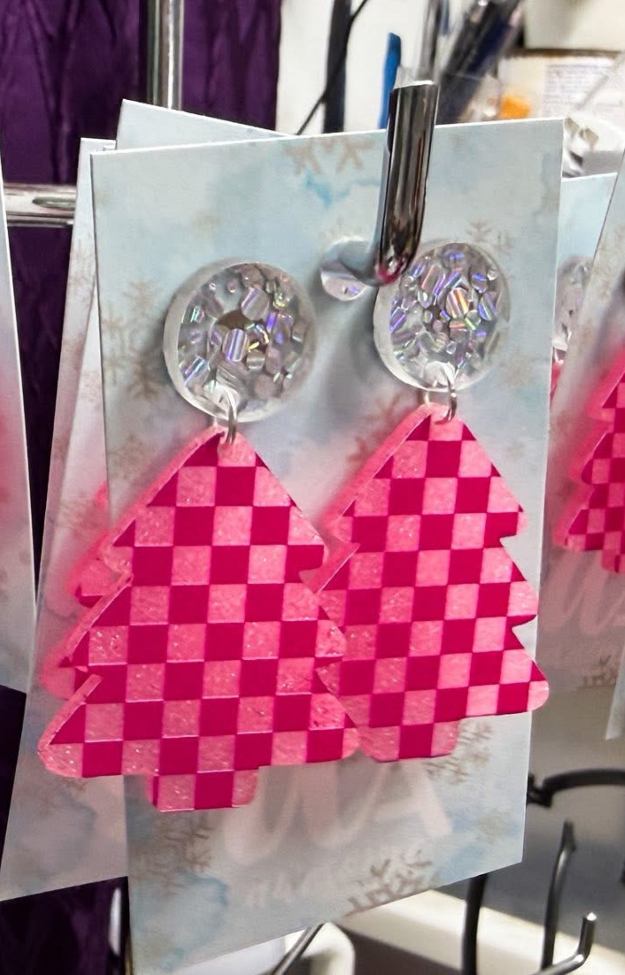 Glitter Pink Checkered Earrings
