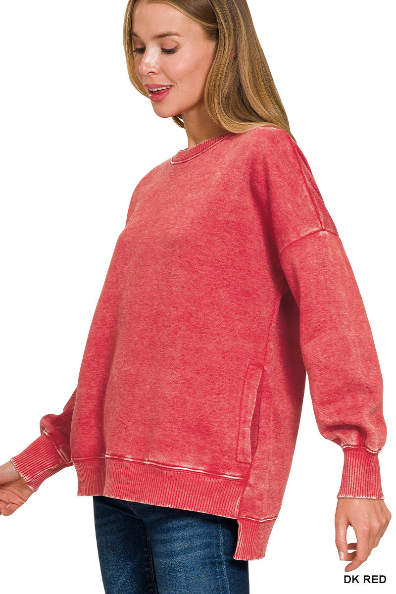 Zenana Dark Red Acid Wash Hi-Low Hem Pullover