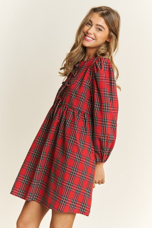 Red Plaid Front Tie Dress