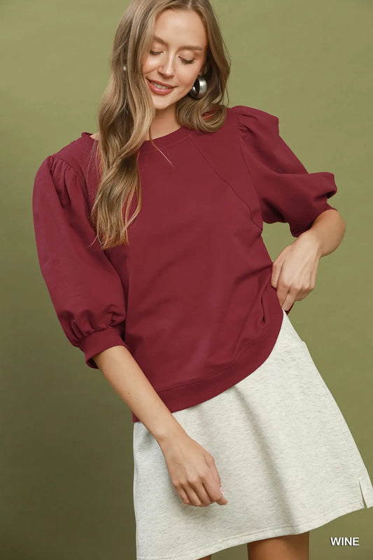 Umgee Puff Sleeve Pullover Top Wine