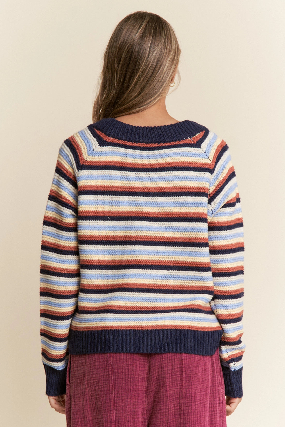 Multicolor Stripe Knit V Neck Sweater