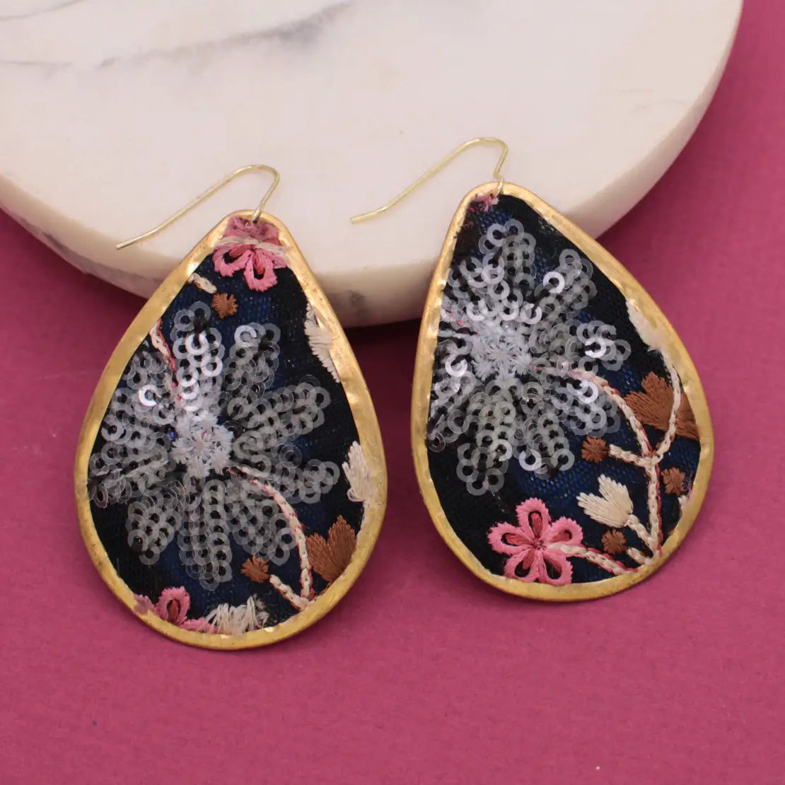 Black & Pink Embroidered Teardrop Earrings