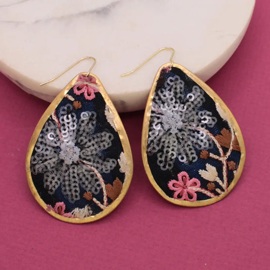 Black & Pink Embroidered Teardrop Earrings