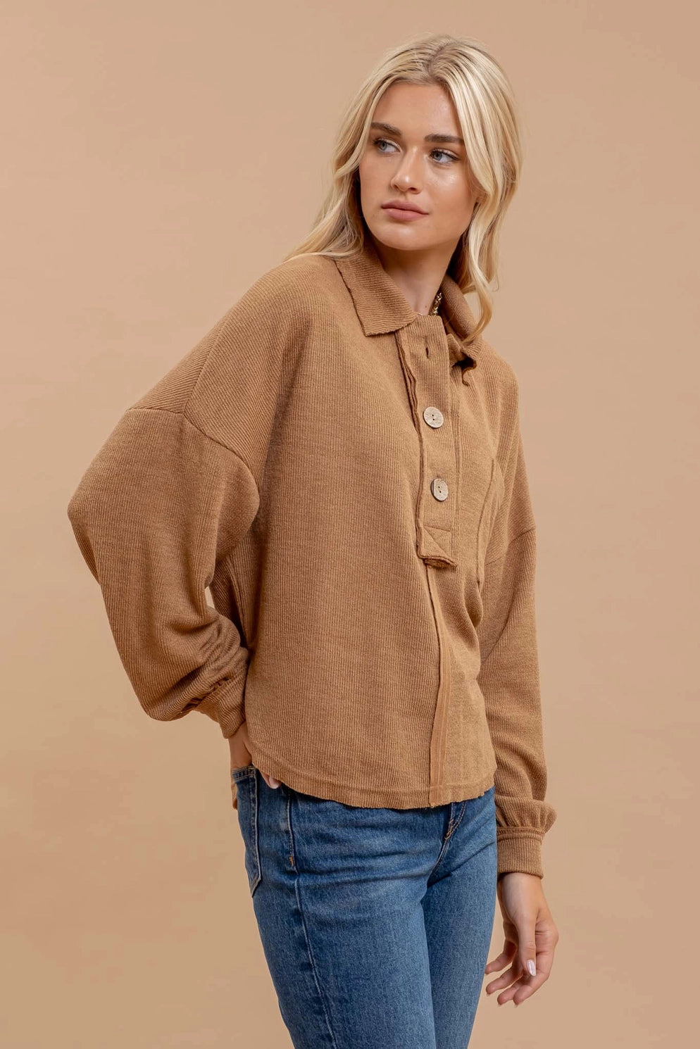 Almond Collared Raw Edge Knit Top