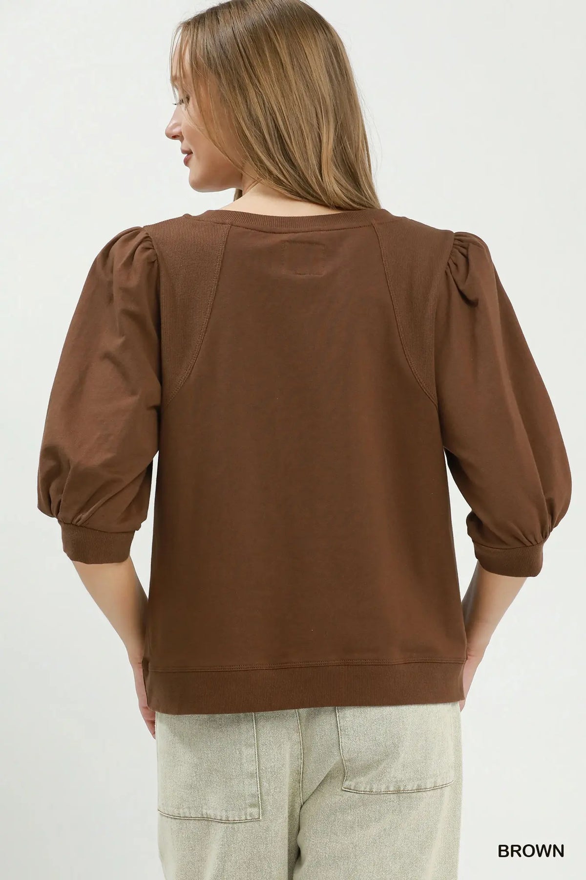 Umgee Puff Sleeve Pullover Top Brown