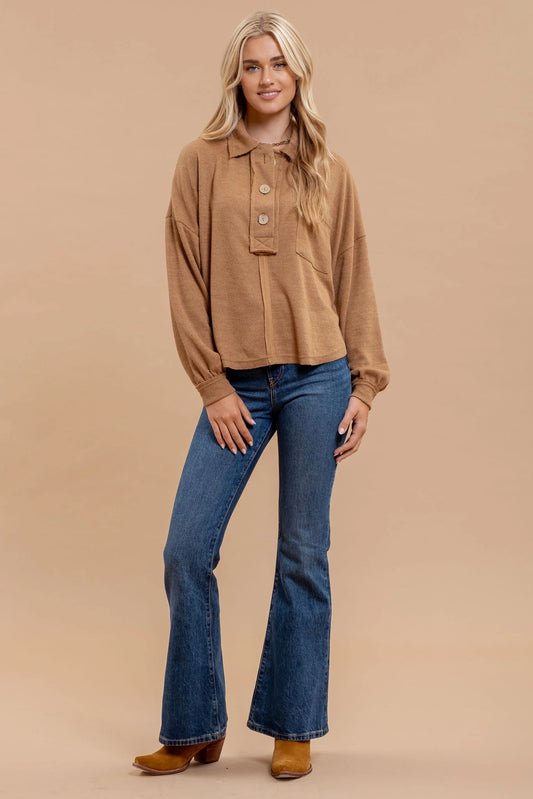 Almond Collared Raw Edge Knit Top
