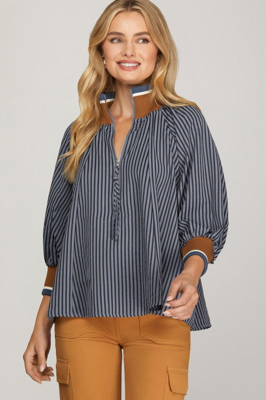 Navy and Brown Striped Top