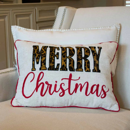 Merry Christmas Pillow Natural/Leopard 14x20
