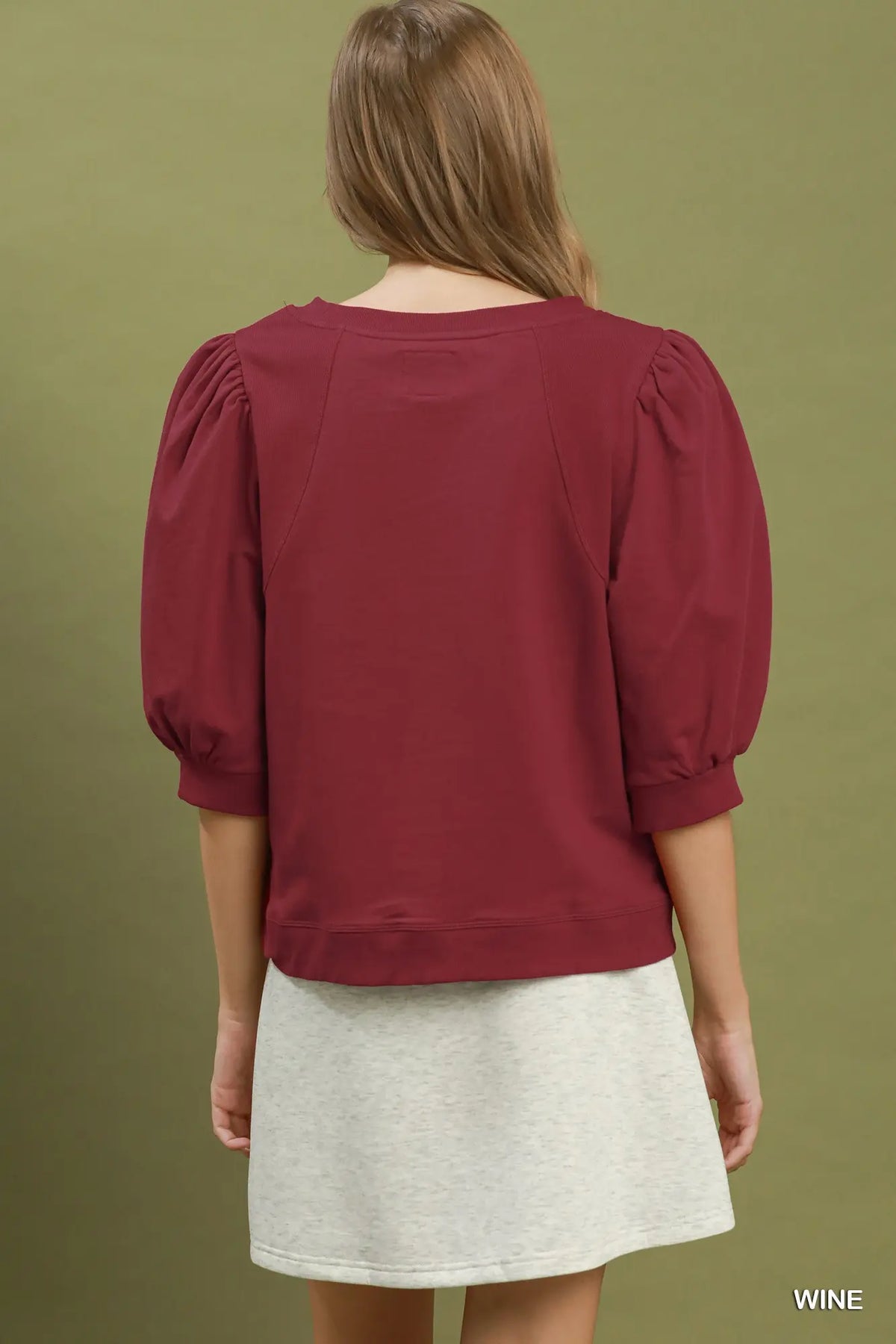 Umgee Puff Sleeve Pullover Top Wine
