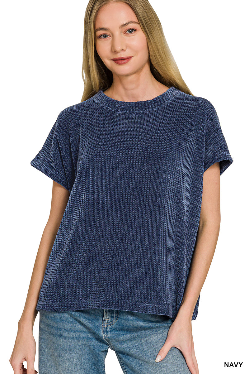 Zenana Chenille Waffle Cap Sleeve Sweater