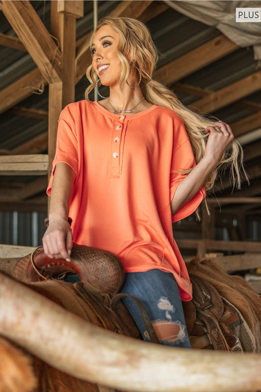 Plus Size Front Button Detail Top-Coral