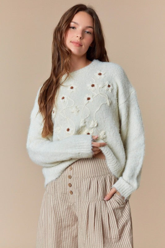 Peach Love Ivory Flower Knit Sweater
