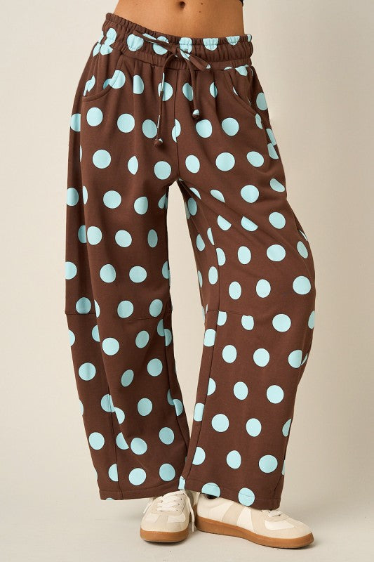 Mitto Brown and Blue Polka Dot Pull-On Barrel Pants