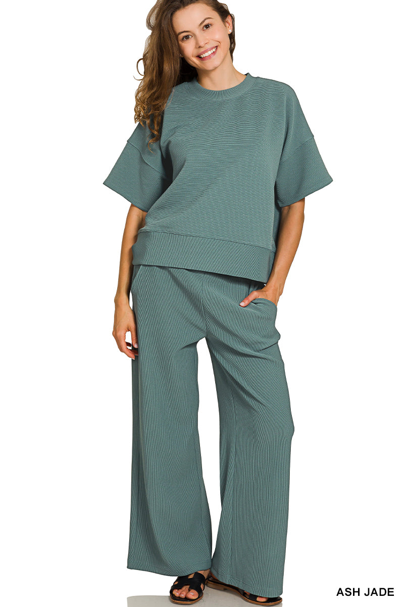 Ribbed Round Neck Tee & Pants Set-Ash Jade