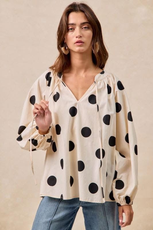 Oatmeal and Black Polka Dot Balloon Sleeve Blouse