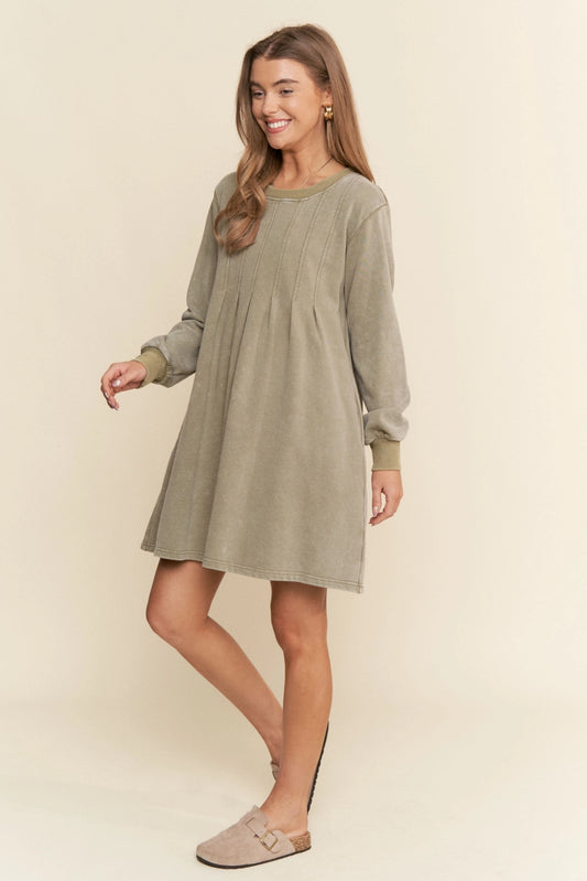 Moss Green Pleated Round Neck Long Sleeve Sweater Dress