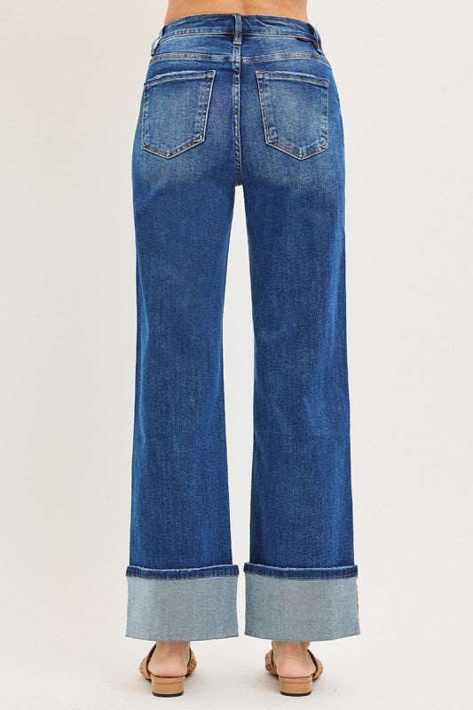 Risen High Rise Ankle Wide Turn Up Jeans