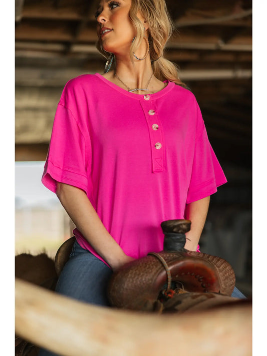 Button Detail Terry Cloth Top Hot Pink