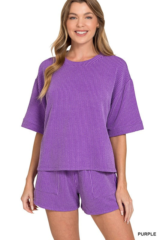 Zenana Purple Ribbed Short Set