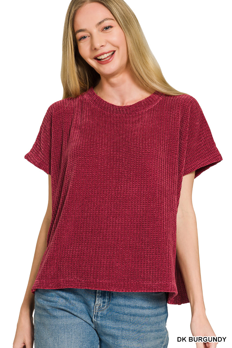 Zenana Chenille Waffle Cap Sleeve Sweater