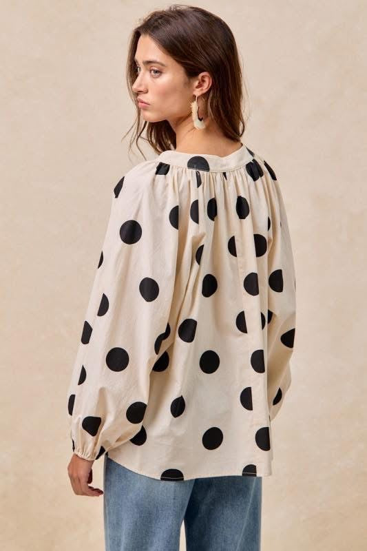 Oatmeal and Black Polka Dot Balloon Sleeve Blouse