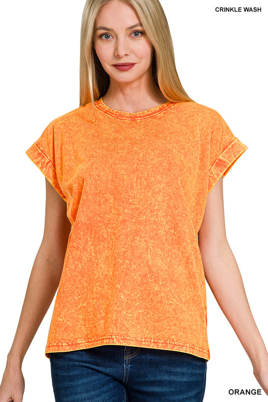 CRINKLE WASHED FOLDED SHORT SLEEVE TEE-ORANGE