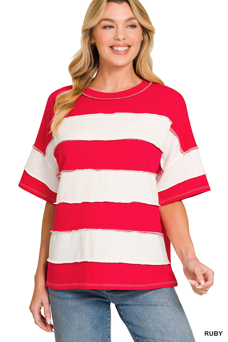 Zenana French Terry Striped Top Ruby