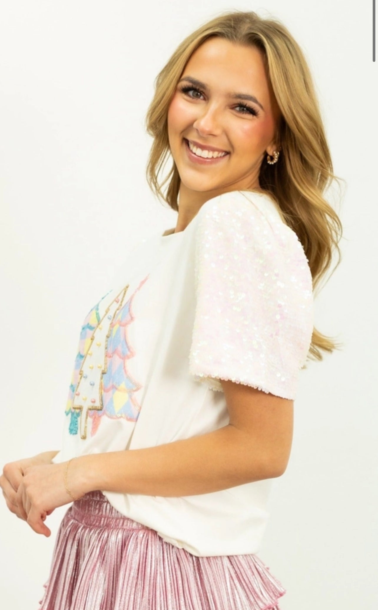 Festive Forest White Sequin Top