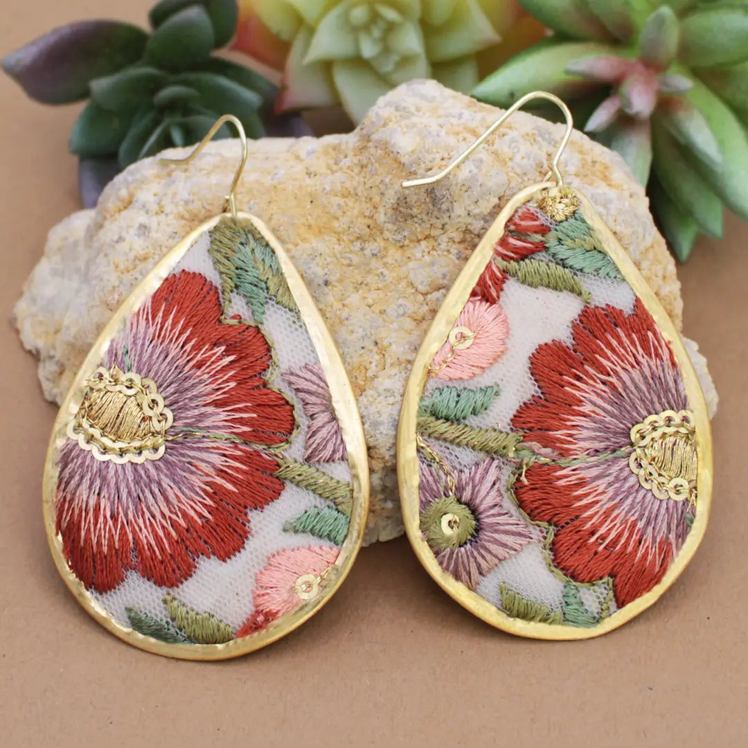 Autumn Bloom Embroidered Teardrop Earrings