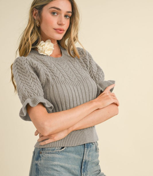 Grey Cable Knit Ruffle Sleeve