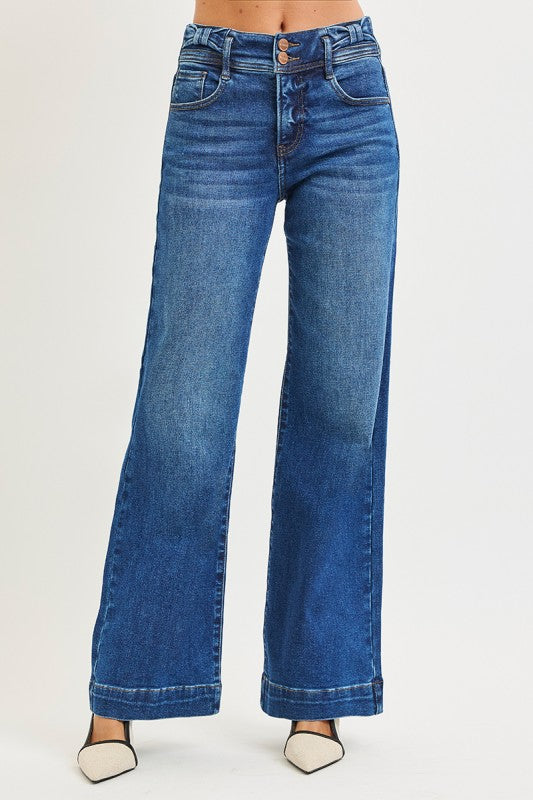 Risen High Rise Wide Leg Bow Waistband Jeans