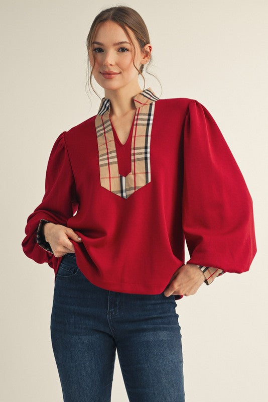 Plaid Contrast Top-Red