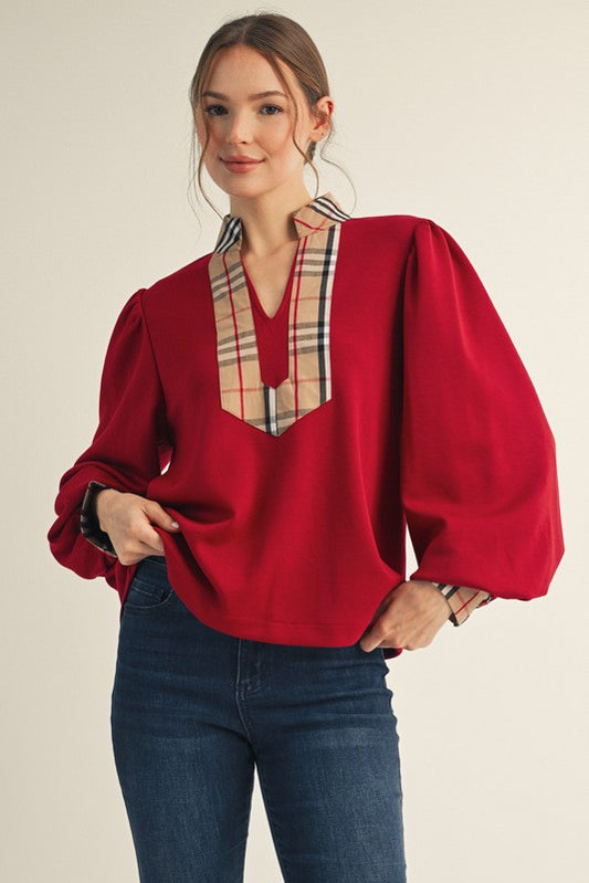 Plaid Contrast Top-Red
