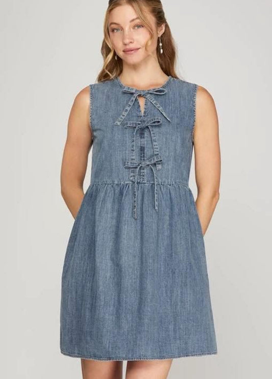 She & Sky Denim Bow Dress