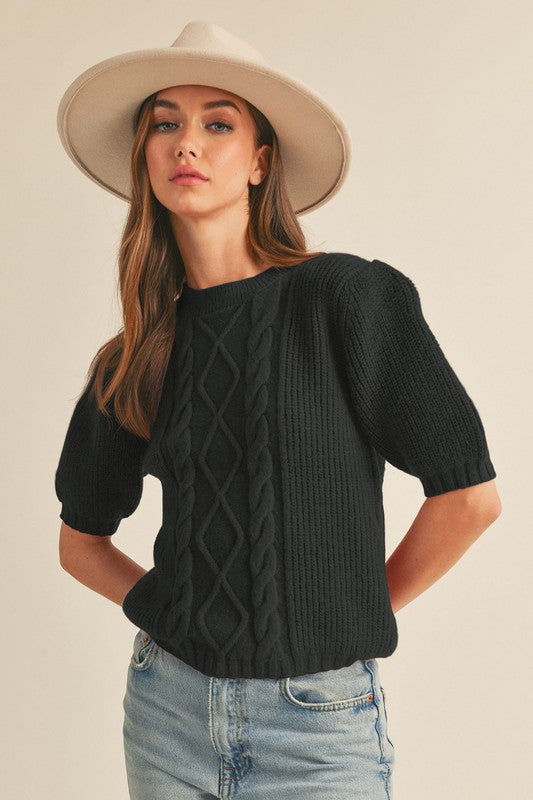 Cable Knit Puff Sleeve Sweater Black