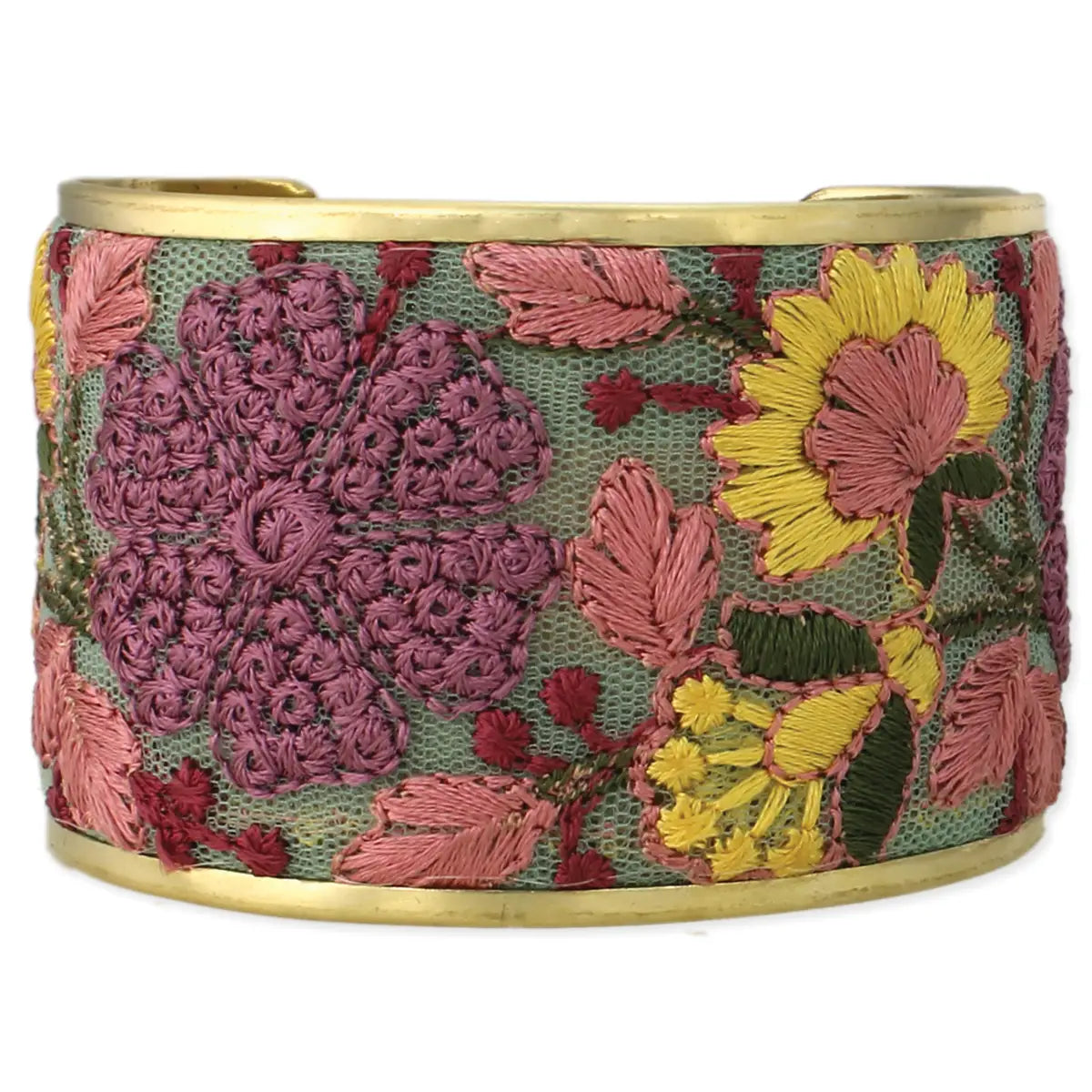 Mesh Pink Flower Embroidered Elegance Cuff Bracelet
