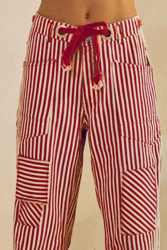 Washed Vintage Striped Rope Pants Red/White