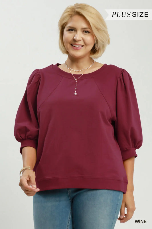 Plus Umgee Puff Sleeve Pullover Top Wine