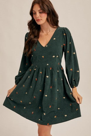Green Floral Corduroy Dress