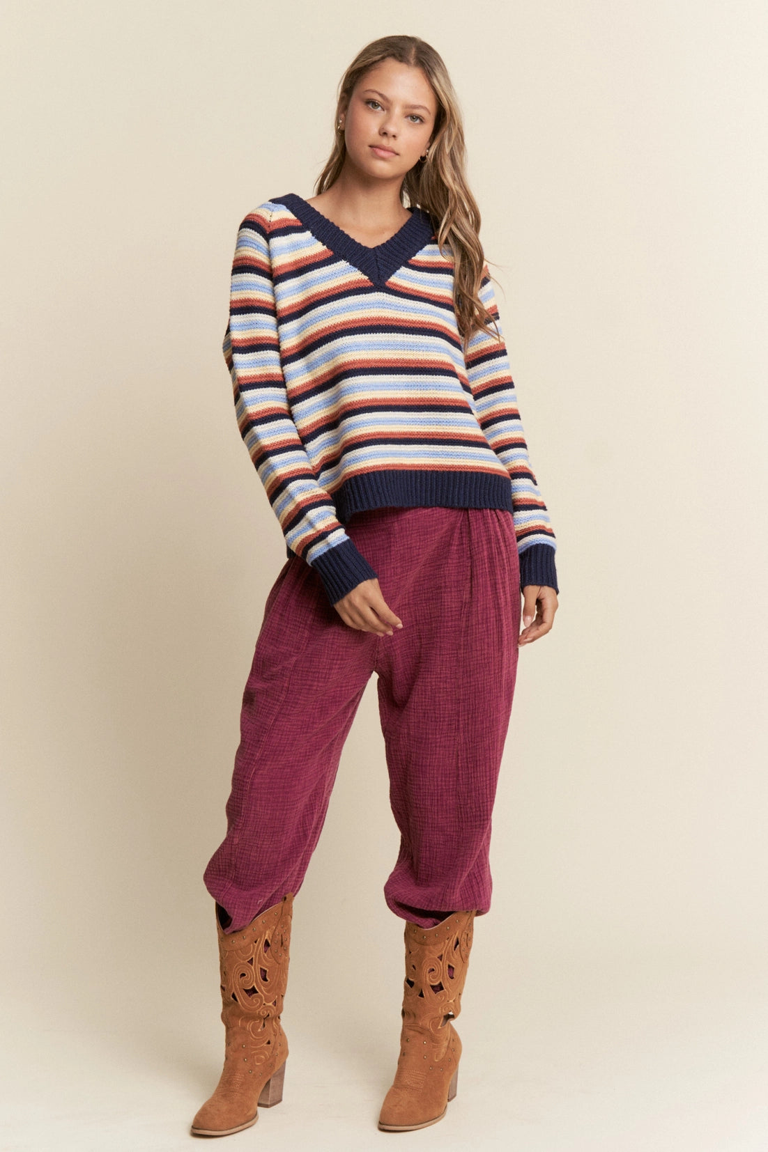 Multicolor Stripe Knit V Neck Sweater