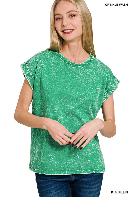 CRINKLE WASHED FOLDED SHORT SLEEVE TEE-GREEN
