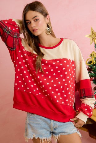 BiBi Plaid And Polka Dot Patchwork Christmas Top